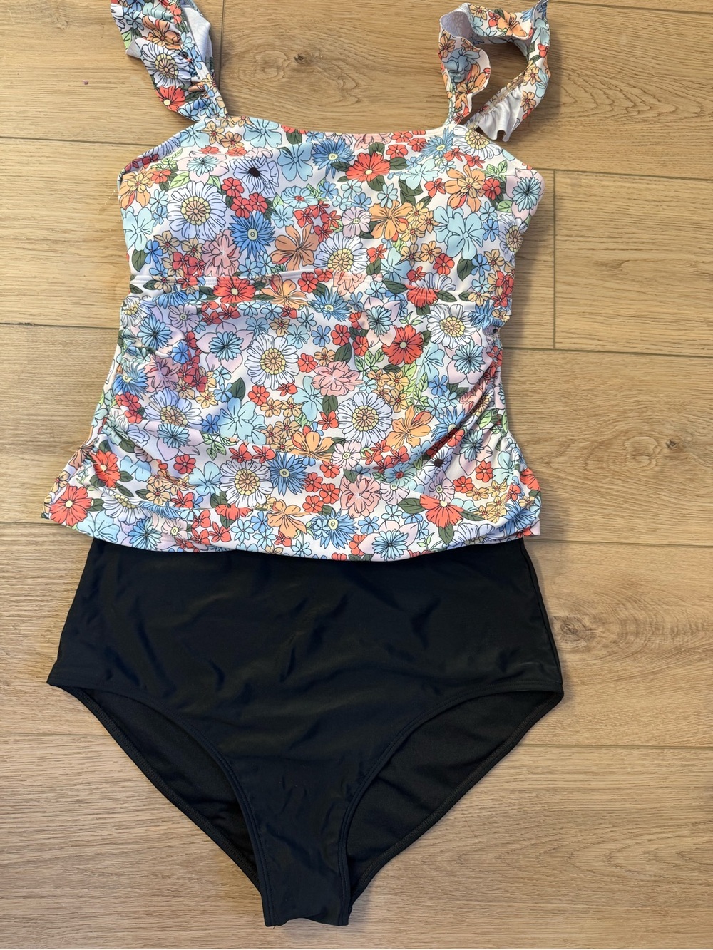 Floral Tankini Top with Black High-Waist Bottoms
